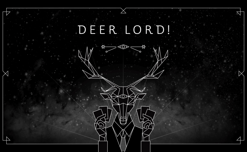 DEER LORD header image on homepage with light beams and star background